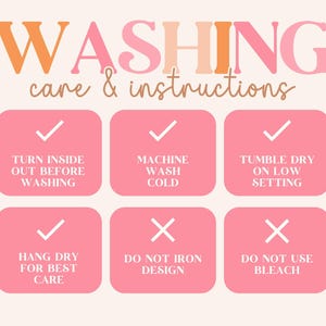 K&ouml;nnte beinhalten: Eine hellrosa und pfirsichfarbene Grafik mit Waschanweisungen. Der Text lautet "WASHING care & instructions" &uuml;ber sechs rosa Quadraten mit Pflegesymbolen und Text: Auf links drehen, Maschinenw&auml;sche kalt, Trockner bei niedriger Temperatur, aufh&auml;ngen, nicht b&uuml;geln, keine Bleiche verwenden.