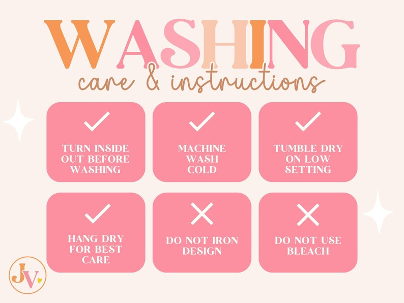 K&ouml;nnte beinhalten: Eine hellrosa und pfirsichfarbene Grafik mit Waschanweisungen. Der Text lautet "WASHING care & instructions" &uuml;ber sechs rosa Quadraten mit Pflegesymbolen und Text: Auf links drehen, Maschinenw&auml;sche kalt, Trockner bei niedriger Temperatur, aufh&auml;ngen, nicht b&uuml;geln, keine Bleiche verwenden.