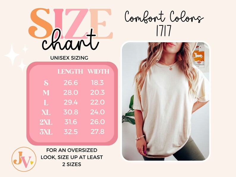 May include: A size chart for unisex t-shirts, with measurements in inches. The chart includes sizes S through 3XL, with corresponding length and width dimensions. The image also features a person wearing a cream-colored t-shirt. The text "Comfort Colors" is also visible.