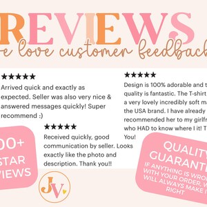 May include: A pink and white graphic with the text "REVIEWS we love customer feedback" in a pink and orange font. The graphic features five-star reviews from customers, a pink circle with the text "1200+ 5-STAR REVIEWS", a pink circle with the text "QUALITY GUARANTEE IF ANYTHING IS WRONG WITH YOUR ORDER, WE WILL ALWAYS MAKE IT RIGHT", and a pink circle with the text "JV".