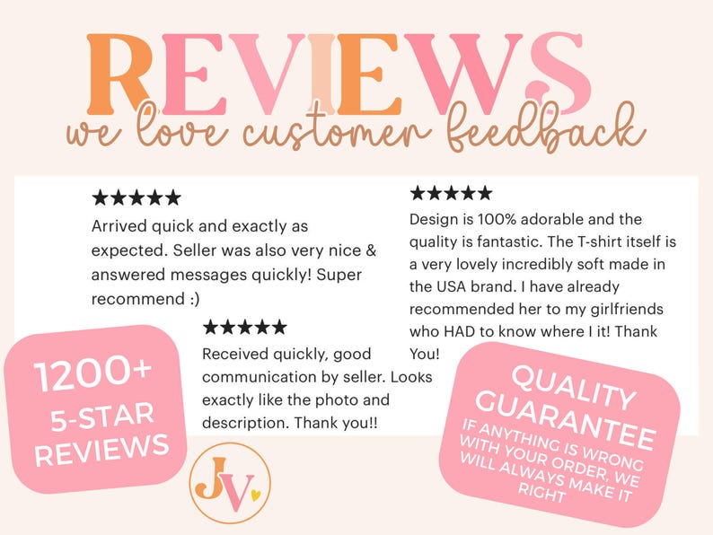 May include: A pink and white graphic with the text "REVIEWS we love customer feedback" in a pink and orange font. The graphic features five-star reviews from customers, a pink circle with the text "1200+ 5-STAR REVIEWS", a pink circle with the text "QUALITY GUARANTEE IF ANYTHING IS WRONG WITH YOUR ORDER, WE WILL ALWAYS MAKE IT RIGHT", and a pink circle with the text "JV".