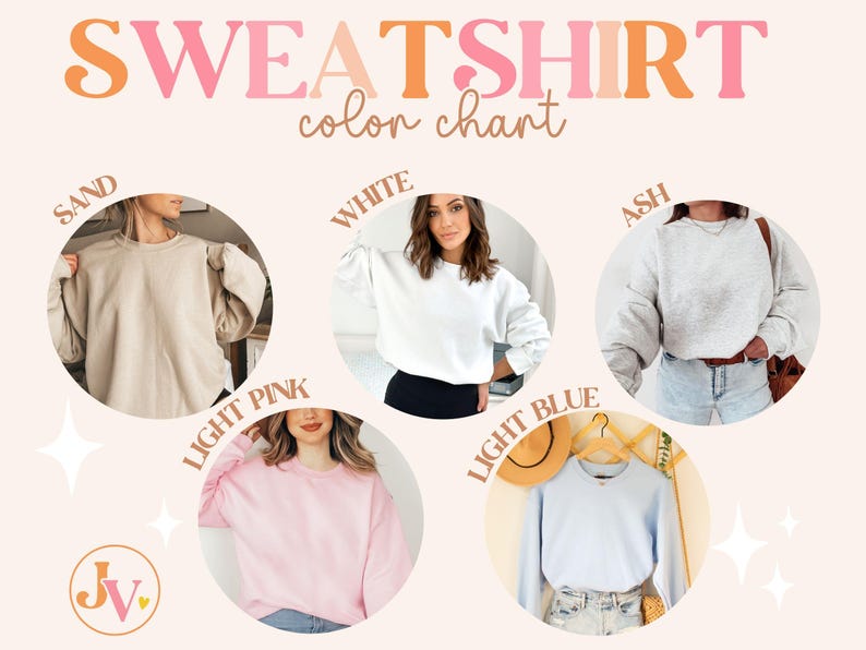 May include: Color chart for sweatshirts in sand, white, ash, light pink, and light blue.