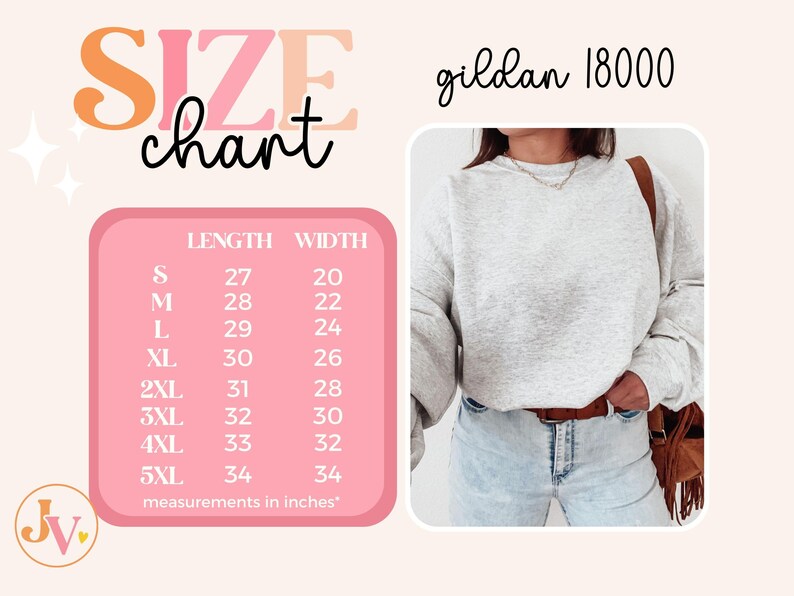 May include: Size chart for Gildan 18000 sweatshirts, showing measurements in inches for sizes S through 5XL. The chart shows length and width measurements for each size.