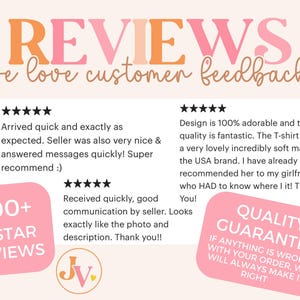 Peut inclure: Un graphique rose et blanc avec le texte "REVIEWS we love customer feedback" en police rose et orange. Le graphique pr&eacute;sente deux avis clients avec des &eacute;valuations cinq &eacute;toiles et un cercle rose avec le texte "500+ 5-STAR REVIEWS". Le graphique pr&eacute;sente &eacute;galement un cercle rose avec le texte "QUALITY GUARANTEE IF ANYTHING IS WRONG WITH YOUR ORDER, WE WILL ALWAYS MAKE IT RIGHT".