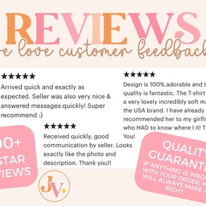 May include: A graphic with the word "REVIEWS" in orange and pink, with the text "we love customer feedback." Includes customer reviews, a "500+ 5-STAR REVIEWS" graphic, and a "QUALITY GUARANTEE" graphic.