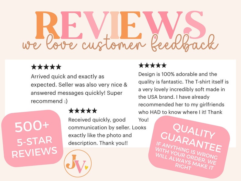 May include: A graphic with the word "REVIEWS" in orange and pink, with the text "we love customer feedback." Includes customer reviews, a "500+ 5-STAR REVIEWS" graphic, and a "QUALITY GUARANTEE" graphic.