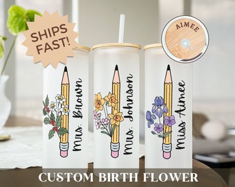 Custom Teacher Glass Coffee Cup with Lid, Personalized Teacher Tumbler With Name, Birth Flower Teacher Cup, Back to School Teacher Gift