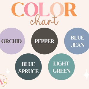 Puede incluir: Carta de colores con seis muestras de colores etiquetadas: Orqu&iacute;dea, Pimienta, Vaquero azul, Abeto azul, Verde claro.