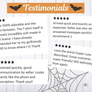 May include: Testimonials from customers about a shop selling Halloween-themed shirts. The text highlights the quality of the shirts, the speed of delivery, and the friendly customer service.