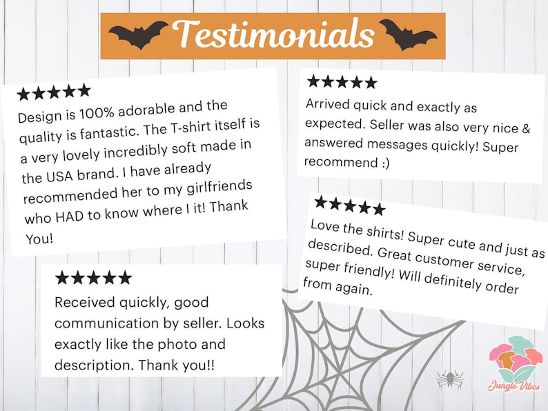 May include: Testimonials from customers about a shop selling Halloween-themed shirts. The text highlights the quality of the shirts, the speed of delivery, and the friendly customer service.