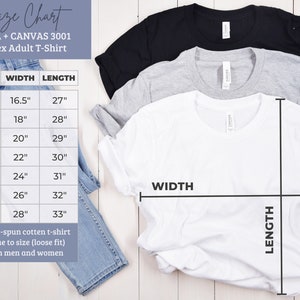 May include: Size chart for a Bella + Canvas 3001 unisex adult t-shirt. The chart shows the width and length measurements in inches for sizes XS to 3XL. The text states that the shirt is 100% ring-spun cotton and runs true to size with a loose fit.