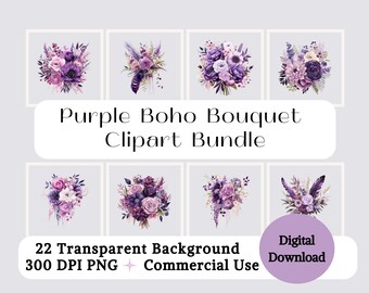 Purple Watercolor Boho Bouquet Clipart: 22 PNG Floral Designs (Digital Download)
