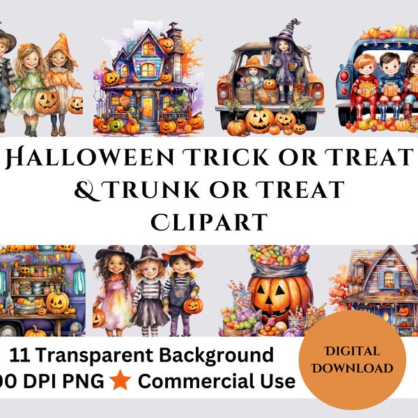 Halloween Trick or Treat Clipart, Halloween Trunk or Treat Clipart, Halloween Clipart Bundle, Commercial Use, Digital Download,300 DPI