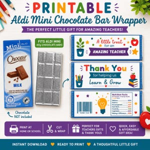 May include: Printable Aldi Mini Chocolate Bar Wrapper design. Features a blue and white chocolate bar wrapper with the text "A little treat for an AMAZING TEACHER". Includes a milk chocolate bar box and a silver foil chocolate bar.