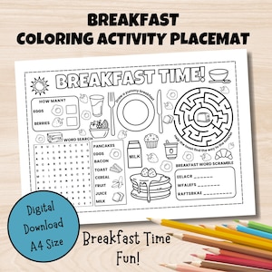 Könnte beinhalten: Eine schwarz-weiße Malaktivität-Tischset zum Thema Frühstück mit dem Text "BREAKFAST TIME!" und "Breakfast Time Fun!". Enthält ein Labyrinth, eine Wortsuche und Zeichenaufforderungen. Digitaler Download, A4-Größe.
