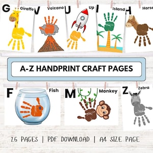 Páginas de manualidades con huellas de manos del alfabeto: actividad de arte imprimible del alfabeto de la A a la Z para niños, reconocimiento de letras en edad preescolar, alfabetización temprana, habilidades motoras finas