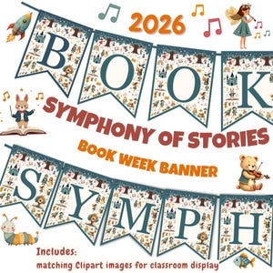 Bokveckan 2026-banderoll: Symfoni av berättelser Klassrumsdekor (digital nedladdning + clipart)