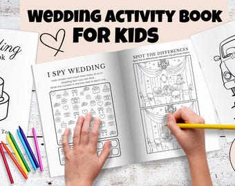 Könnte beinhalten: Ein Hochzeits-Aktivitätsbuch für Kinder mit dem Text "Wedding Activity Book For Kids". Das Buch enthält Such- und Finde-die-Unterschiede-Spiele sowie eine Dankesnotiz. Ein digitaler Download.