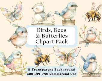 Birds, Bees & Butterflies Clipart Pack, Easter clipart, spring Clipart, Pastel, Watercolor clipart, Commercial use clipart,  Transparent PNG