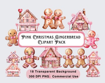 Clipart di pan di zenzero di Natale rosa: acquerello vacanza PNG (download digitale)