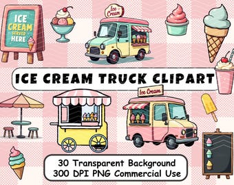 Pastel Ice Cream Truck Clipart: Summer Dessert Graphics (PNG, 300 DPI)