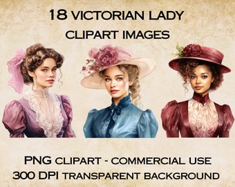 Victorian Lady Clipart: 18 Watercolor PNG Images (Commercial Use)