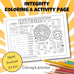 Op de afbeelding: Een zwart-wit kleur- en activiteitpagina met het woord 'INTEGRITY' bovenaan. De pagina bevat een doolhof, een woordzoeker en illustraties. De tekst 'Digital Download A4 Size' staat in een gele cirkel.