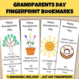 Könnte beinhalten: Vier weiße Lesezeichen mit dem Text "Happy Grandparents Day" und Platz für Fingerabdrücke. Designs umfassen einen Baum, Blumen, eine Sonne und einen Donut. Der Text "4 BOOKMARKS INCLUDED - JUST ADD FINGERPRINTS" steht unten.