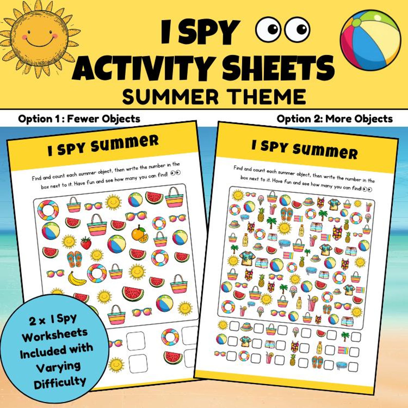 Summer I Spy Printable Worksheets for Kids | 2 Fun Eye Spy Counting ...