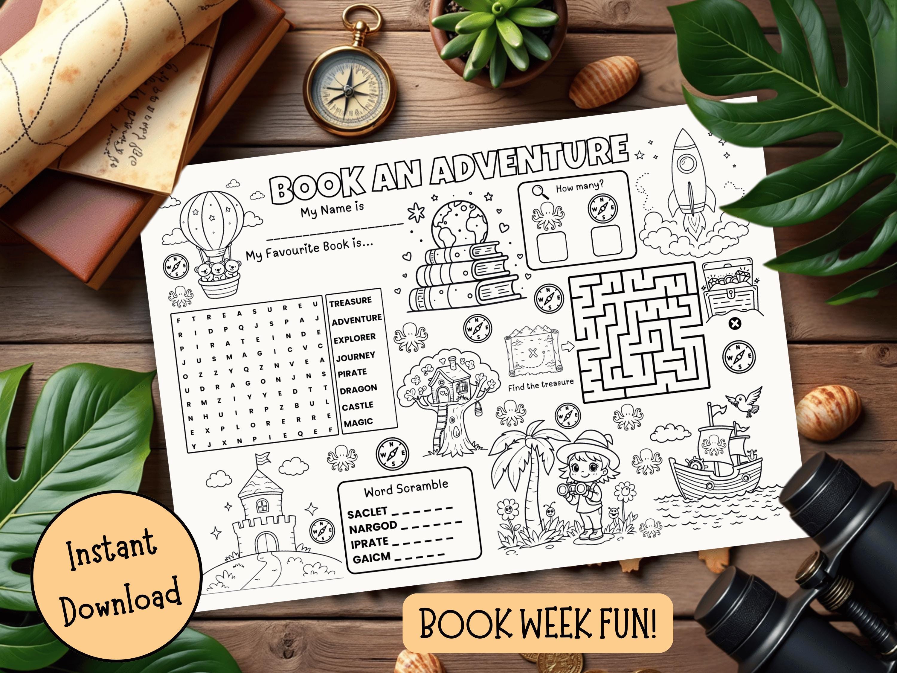 Book Week Adventure Activity Sheet: Printable Puzzles, Maze, Coloring ...