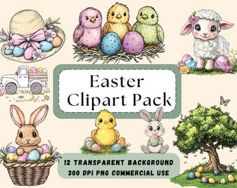 Easter Clipart Bundle | Bunny, Chick, Lamb PNG (Digital Download