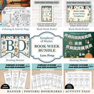 May include: A collection of printable "Symphony of Stories" themed materials, including posters, banners, bookmarks, and coloring pages. The designs feature musical notes, storybook characters, and the text "Book Week".