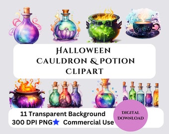 Halloween Cauldrons & Potions Clipart, Halloween Potions Clipart Bundle,  Commercial Use, Transparent Background, Digital Download,300 DPI