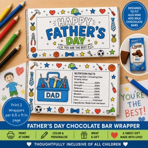 Peut inclure: Des emballages de barres chocolatées pour la fête des pères avec un design de boîte à outils bleue et les mots "Happy Father's Day". Les emballages sont conçus pour s'adapter aux barres chocolatées au lait Aldi Mini de 40g. Avec un dessin d'enfant.