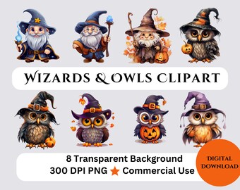 Halloween Wizard Owl Clipart, Commercial Use (Digital Download)