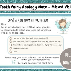 Biglietto di scuse della fatina dei denti / Lettera per visita persa / dimenticata di venire / Modello Canva modificabile / Biglietto stampabile carino per bambini / Download immediato