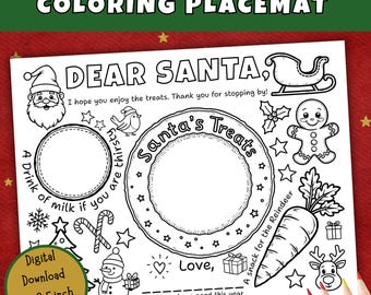 Op de afbeelding: Zwart-wit kleurplaat met de tekst "Treats for Santa Coloring Placemat". Bevat illustraties van de Kerstman, een slee, een peperkoekmannetje en een rendier. De placemat meet 27,9 x 21,6 cm.