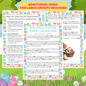 May include: A printable game for a large group, featuring a cartoon bunny holding a basket of colorful Easter eggs. The game is called "The Great Easter Bunny Adventure: Left Right Game". The text explains how to play the game, which involves passing an object left or right based on the story.