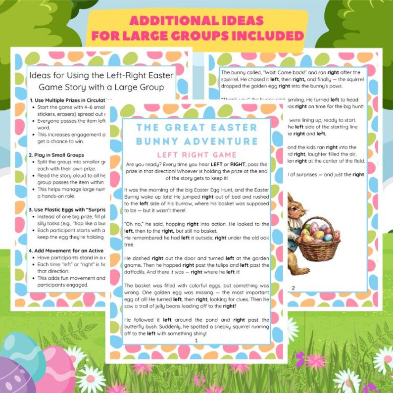 May include: A printable game for a large group, featuring a cartoon bunny holding a basket of colorful Easter eggs. The game is called "The Great Easter Bunny Adventure: Left Right Game". The text explains how to play the game, which involves passing an object left or right based on the story.