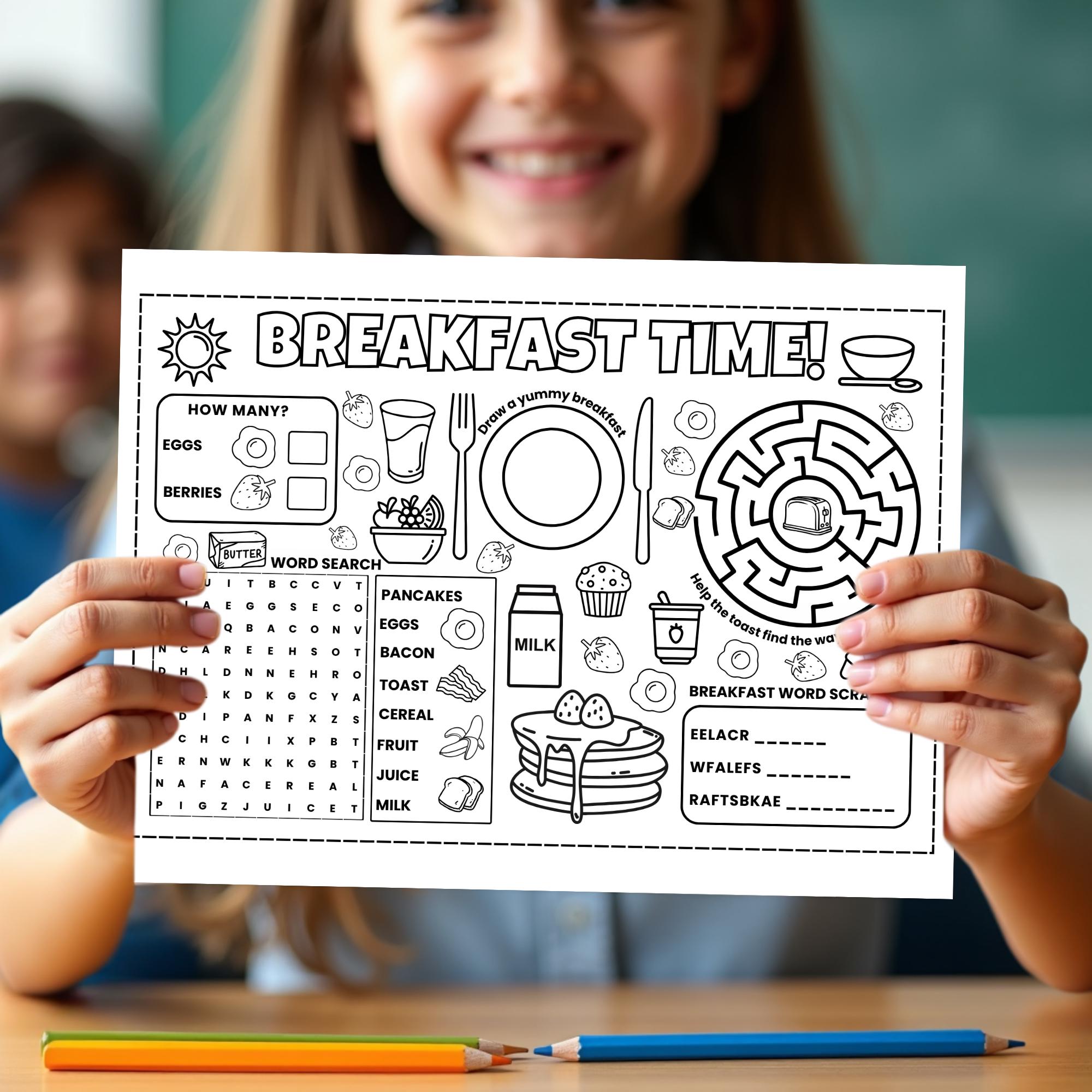 Breakfast Club Math Activity Breakfast Coloring Activity Placemat: Coloring Page, Maze, Word Search ...