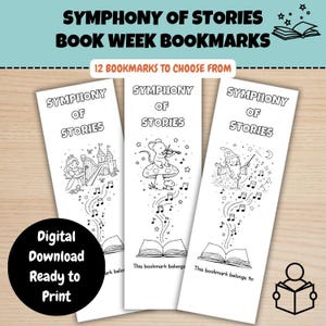 May include: Three white bookmarks with the text "SYMPHONY OF STORIES" and illustrations of a princess, a mouse playing a violin, and a wizard. The bookmarks are labeled "12 BOOKMARKS TO CHOOSE FROM" and "Digital Download Ready to Print".