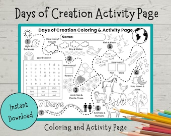 Days of Creation Activity Page: Bible Coloring, Word Search (Instant Download PDF)