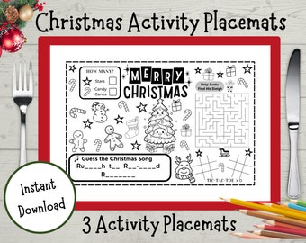Kids Christmas Activity Placemat, Children's Christmas Activity pages, Christmas Coloring Sheets, Kids Christmas Table, Instant Download