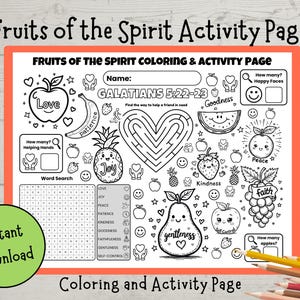 Fruits of the Spirit Activity Placemat | Christian Coloring Worksheet for Kids | Galatians 5:22-23 | Sunday School Printable PDF