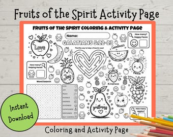 Página de actividades sobre los frutos del Espíritu: Hoja de trabajo para colorear para niños cristianos (descarga en PDF)