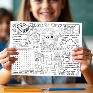 May include: A black and white activity sheet featuring the story of Noah's Ark. The sheet includes illustrations of animals, a rainbow, and the text "Noah's Ark." It also has a maze and fill-in-the-blank sections. The sheet is held by a child.