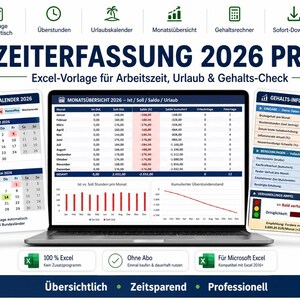 Rejestracja czasu pracy 2026 Pro Excel | Nadgodziny, kalendarz urlopowy, święta (wszystkie kraje związkowe Niemiec) | Miesięczny przegląd, kalkulator wynagrodzeń (niemiecki)