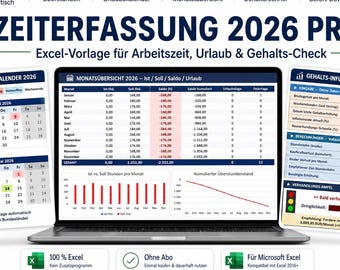 Time tracking 2026 Pro Excel | Overtime, vacation calendar, public holidays (all German states) | Monthly overview, salary calculator (German)