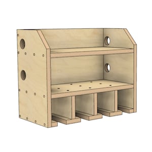 Puede incluir: Una estantería de pared de madera con cuatro compartimentos y una repisa superior. La estantería tiene varios agujeros perforados en los lados y la parte inferior.