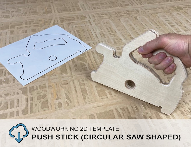 Downloadable PDF file for printing to legal size printer paper to cut out of wood a push stick in the shape of a circular saw for using on a table saw.
